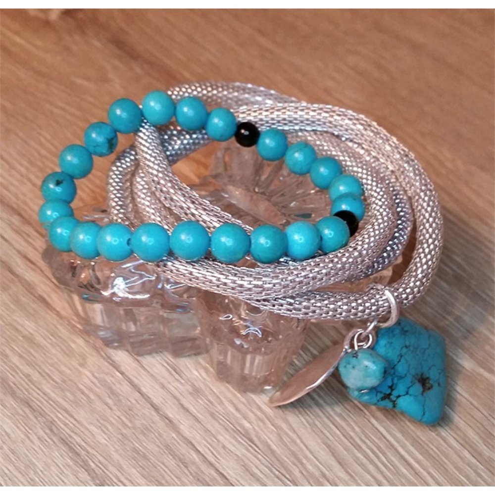 Bundle 2 Faux Turquoise Stretch & Mesh Charm Bracelets Boho Layered Stack Look
